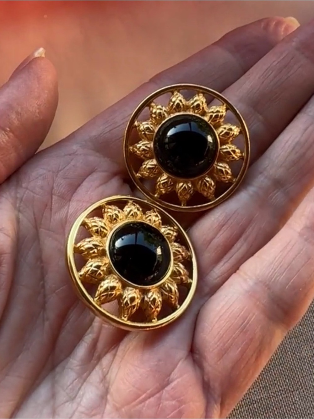Final Price Fendi Gold Sunburst Pierced Vintage Earrings with Black Onyx - Picture 2 of 7